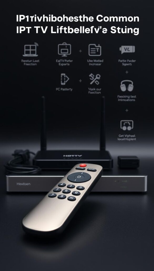 A sleek, minimalist IPTV troubleshooting guide on a matte black background. In the foreground, a sophisticated Hoxtoon Provider IPTV remote control, its brushed metal finish catching the soft, directional lighting. Behind it, a neatly organized array of IPTV setup components - a router, ethernet cable, and power adapter - arranged in a clean, grid-like pattern. In the background, a series of simplified IPTV troubleshooting icons and infographics, conveying common issues and solutions with elegant simplicity. The overall mood is one of professionalism, functionality, and technological prowess, perfectly suited to illustrate the "Troubleshooting Common Lifetime IPTV Panel Issues" section.