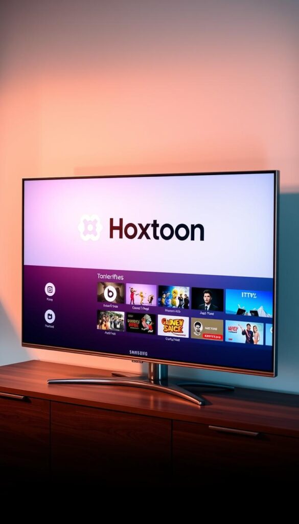 A sleek, minimalist Samsung TV display showcasing the Hoxtoon Provider app interface. The TV is positioned on a modern, wooden media console, bathed in warm, diffused lighting. The Hoxtoon logo is prominently displayed on the TV screen, surrounded by a clean, user-friendly layout of app menus and content thumbnails. The scene conveys a sense of seamless integration and easy accessibility, inviting the viewer to explore the IPTV service on their Samsung device.