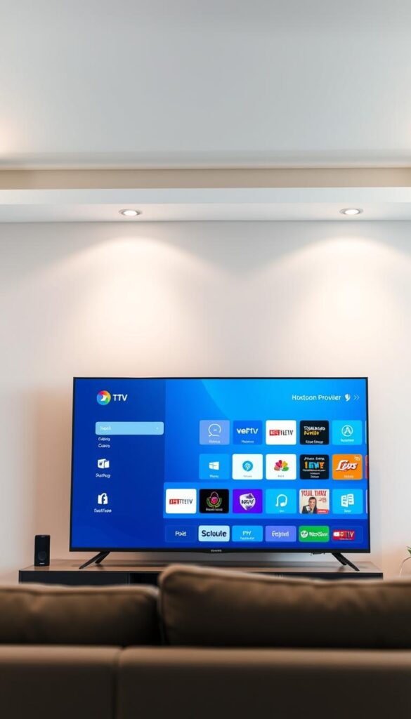 A sleek, minimalist Smart TV displaying the Hoxtoon Provider IPTV interface. The screen is crisp and vibrant, showcasing a clean user interface with intuitive menus and icons. The TV is positioned in a modern, well-lit living room setting, with subtle ambient lighting and a stylish, contemporary decor. The scene conveys a sense of effortless connectivity and entertainment, highlighting the seamless integration of IPTV technology into the smart home experience.