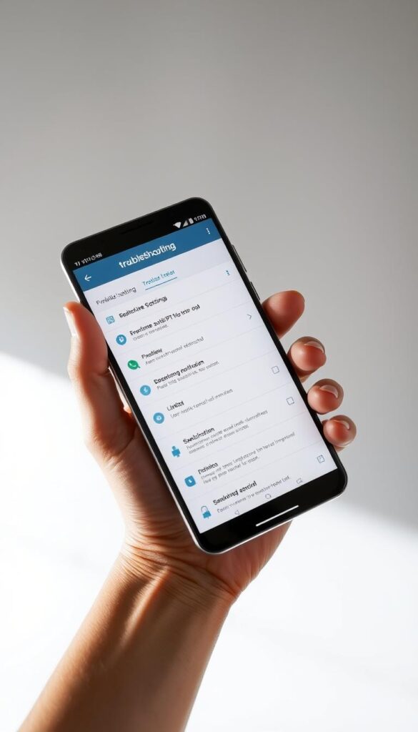 A sleek, minimalist android phone displaying the Hoxtoon Provider IPTV app interface. The screen showcases various troubleshooting options and settings, with a clean and intuitive layout. The phone is held in a natural, hand-held position, capturing the device in a well-lit, studio-like setting with soft, directional lighting from the side. The background is a simple, neutral color that allows the phone and app details to take center stage. The overall tone is professional, informative, and focused on troubleshooting common IPTV issues on android devices.