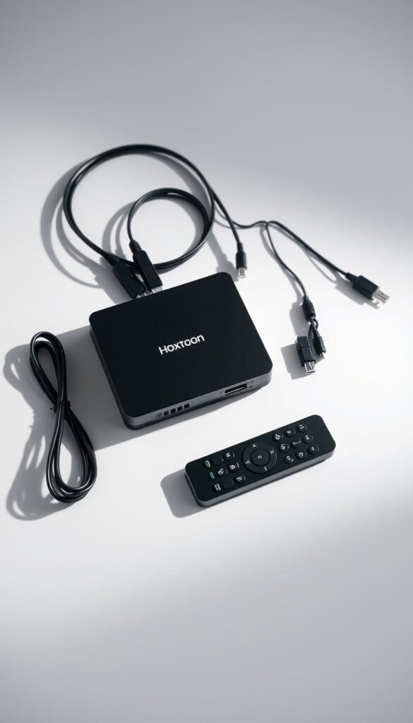 A sleek, minimalist arrangement of IPTV devices, including a Hoxtoon Provider set-top box, remote control, and various cables, neatly displayed on a clean, white background. The devices are illuminated by soft, directional lighting, casting subtle shadows that add depth and dimensionality to the scene. The overall composition emphasizes the modern, streamlined aesthetics of the IPTV technology, conveying a sense of sophistication and efficiency.