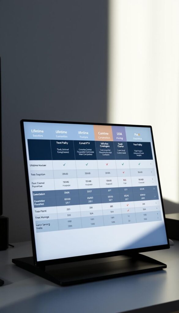 A sleek, minimalist comparison chart displayed on a desk, showcasing the lifetime service offerings of the "Hoxtoon Provider" IPTV service and its competitors in the USA market. The chart features clean typography, distinct color-coded sections, and intuitive icons to highlight key metrics like subscription duration, channel count, and video quality. The scene is illuminated by soft, indirect lighting, casting subtle shadows that add depth and dimension. The overall mood is professional, informative, and designed to help the viewer quickly grasp the relative strengths of each IPTV service at a glance.