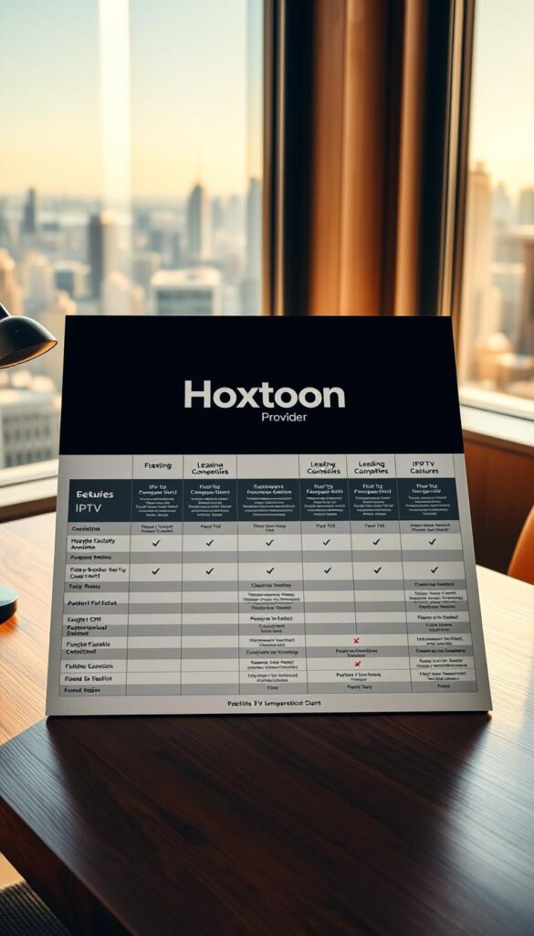 A sleek, minimalist comparison chart displayed on a stylish wooden desk. In the center, the "Hoxtoon Provider" brand prominently showcased, surrounded by detailed columns comparing its IPTV features against leading competitors. The chart is bathed in warm, natural lighting, creating a sophisticated, professional atmosphere. The background features a blurred cityscape, hinting at the global connectivity that IPTV services provide for expats. The overall composition conveys a sense of clarity, organization, and the informed decision-making process for selecting the best IPTV solution.