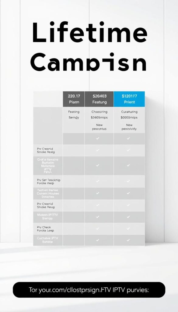 A sleek, minimalist comparison chart showcasing a range of lifetime IPTV plans from the Hoxtoon Provider. The chart is presented against a clean, white background with a subtle grid pattern, creating a professional and organized visual. The plan details are displayed in clear, legible typography, allowing the viewer to easily compare features, pricing, and subscription lengths. Soft, diffused lighting creates a sense of sophistication, while a slight depth-of-field effect draws the eye to the important information. The overall composition is balanced and visually appealing, making it an ideal illustration for the article's section on choosing the right lifetime IPTV package.