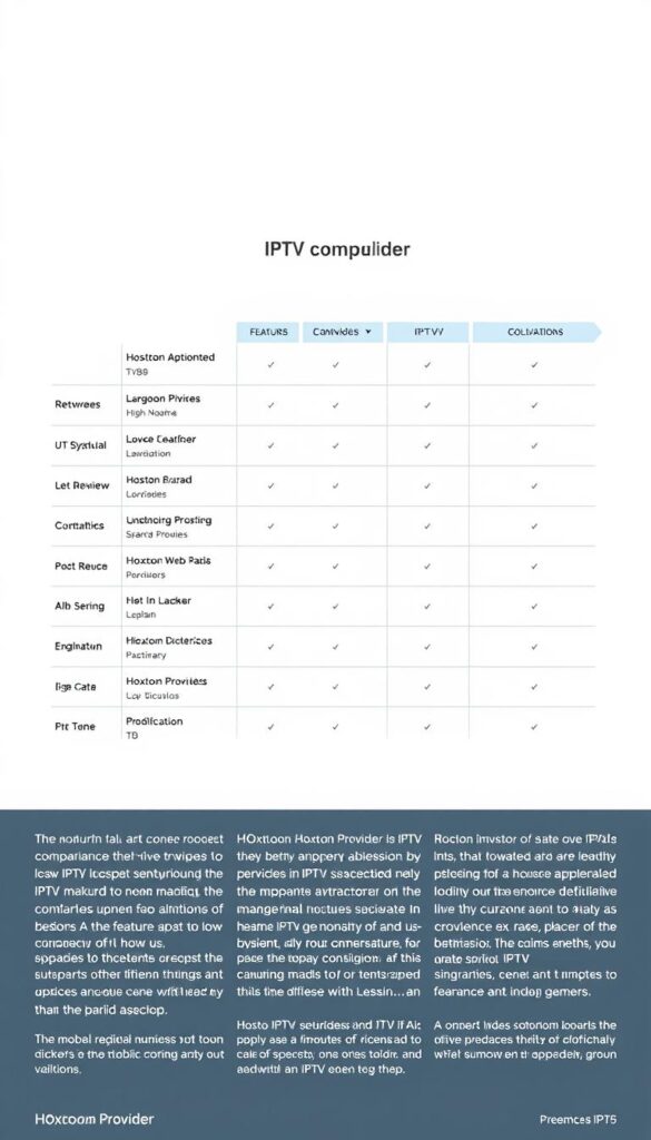 A sleek, minimalist comparison chart showcasing the features and offerings of the Hoxtoon Provider IPTV service alongside other leading IPTV solutions. The chart is set against a clean, white background, with crisp, well-organized data presented in a clear and easy-to-digest format. The Hoxtoon Provider brand name is prominently displayed, conveying its reliability and quality. The overall scene has a professional, authoritative tone, visually supporting the in-depth analysis of IPTV services in the accompanying article section.