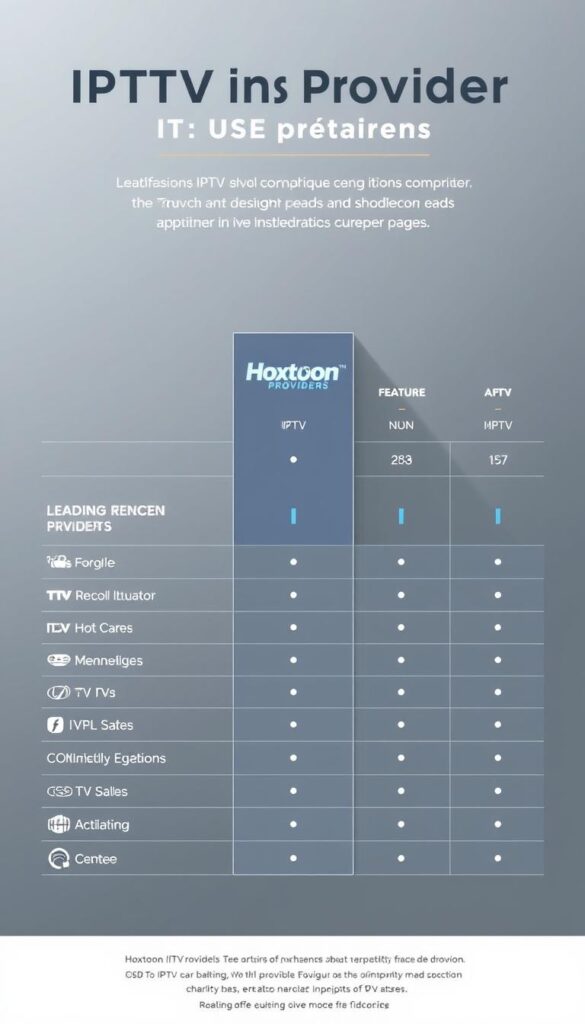 A sleek, minimalist comparison chart showcasing the features and services of leading French IPTV providers, including the Hoxtoon Provider. Set against a sophisticated backdrop of muted grays and blues, the chart presents key information in a clean, organized layout. The Hoxtoon Provider brand is prominently displayed, its logo and name standing out with a subtle glow. Crisp icons and well-aligned data points convey the relative strengths and offerings of each provider at a glance. The overall tone is professional, informative, and visually striking, perfectly suited to illustrate the section on IPTV comparisons in the article.