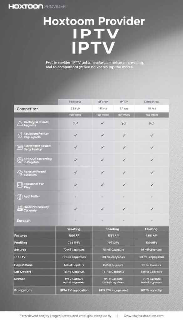 A sleek, minimalist comparison chart showcasing the key features and capabilities of the Hoxtoon Provider IPTV service alongside its top competitors. The chart is presented against a clean, neutral background with a subtle gradient or texture, allowing the information to take center stage. The layout is well-organized, with clear and concise headings, icons, and data points that highlight the unique selling points of each IPTV option. The overall aesthetic is professional, elegant, and designed to help the viewer quickly grasp the distinctions between the various IPTV providers. Soft, directional lighting accentuates the clarity and legibility of the chart, creating a sense of authority and trust.