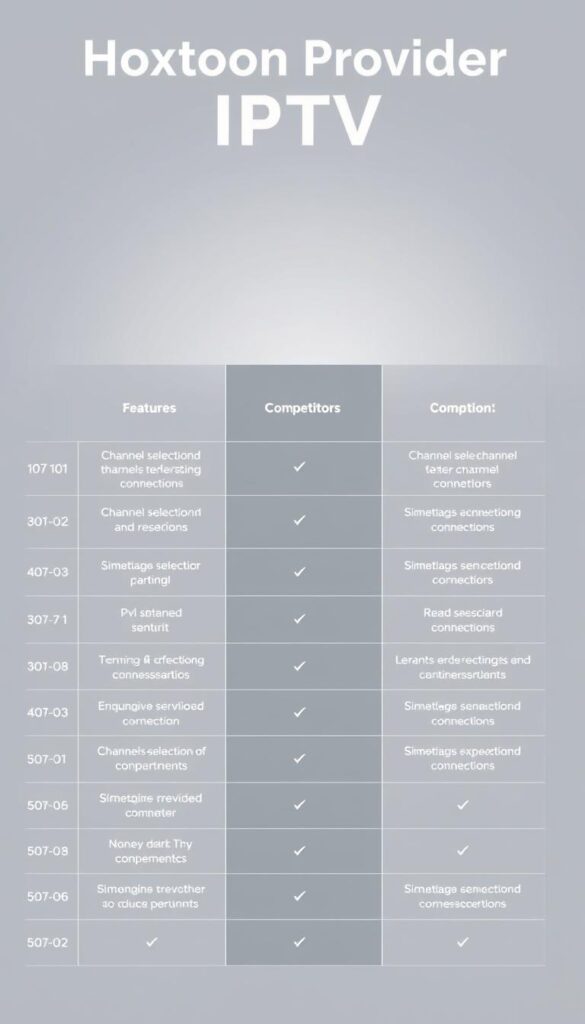 A sleek, minimalist comparison chart showcasing the key features and offerings of the Hoxtoon Provider IPTV service alongside its top competitors. In the foreground, clean icons and crisp, legible text highlight crucial aspects like channel selection, simultaneous connections, and pricing. The middle ground features a subtle grid-like layout, guiding the viewer's eye through the data. In the background, a soft, elegant gradient in muted tones provides a stylish, professional backdrop, creating an impression of authority and trustworthiness. The overall scene conveys a sense of informed decision-making, empowering the viewer to make an educated choice among the IPTV providers.