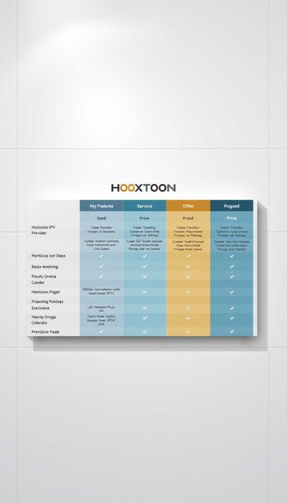 A sleek, minimalist comparison chart showcasing the key features and pricing of the Hoxtoon Provider IPTV service alongside other popular IPTV options in Poland. The chart is set against a clean, modern background with subtle grid lines, conveying a sense of professionalism and clarity. The Hoxtoon Provider logo is prominently displayed, drawing the viewer's attention. The chart presents the service details in a well-organized, easy-to-digest format, allowing the reader to quickly assess the relative strengths of each IPTV provider. Soft, directional lighting illuminates the chart, creating depth and emphasizing the important information. The overall impression is one of an authoritative, data-driven comparison that will serve the needs of the article's audience.