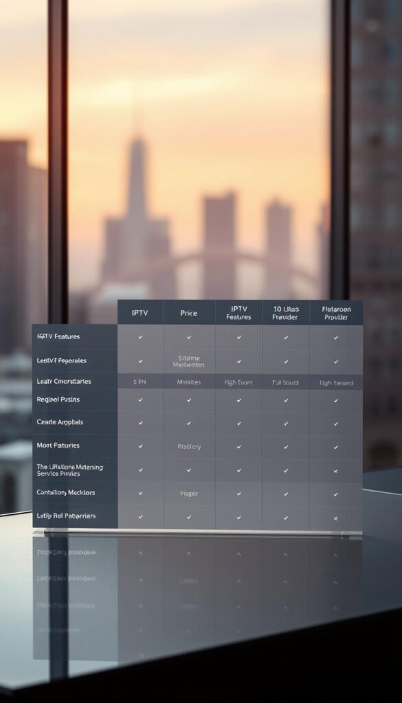 A sleek, minimalist comparison chart showcasing the key features and pricing tiers of various IPTV service providers, including the "Hoxtoon Provider". The chart is displayed on a modern, glass-like surface, with clean typography and intuitive icons. The background is a softly blurred cityscape, conveying a sense of urban sophistication. Subtle warm lighting casts a gentle glow, creating a professional and trustworthy atmosphere. The overall composition is balanced, with a focus on clarity and ease of information consumption, reflecting the legal aspects of using lifetime membership IPTV services.
