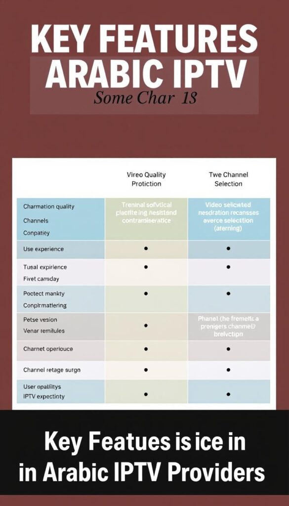 A sleek, minimalist comparison chart showcasing the key features of the Hoxtoon Provider IPTV service. The chart is presented on a clean, white background, with a modern, sans-serif font used for the headers and data points. The chart is divided into three distinct sections: video quality, channel selection, and user experience. Each section is highlighted with a subtle, elegant color scheme, creating a visually appealing and informative display. The chart is rendered with a high level of detail, allowing the viewer to clearly see the relative strengths and differences between the IPTV features. The overall impression is one of professionalism and clarity, perfectly suited to illustrate the "Key Features to Look for in Arabic IPTV Providers" section of the article.