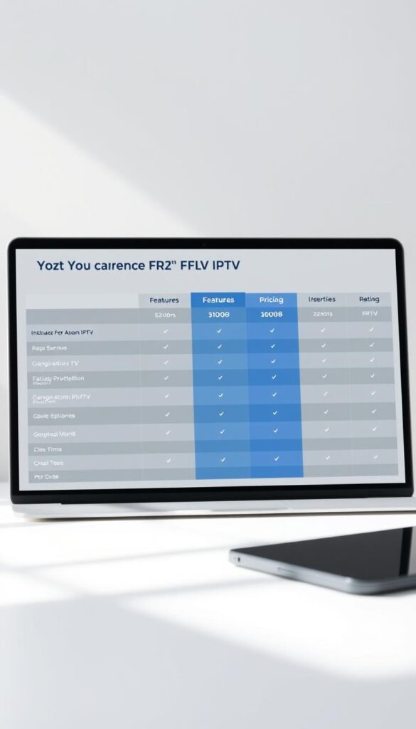A sleek, minimalist comparison chart showcasing the top free IPTV services, including the Hoxtoon Provider, displayed on a modern laptop or tablet device. The chart presents key features, pricing, and user ratings in a clean, organized layout against a soft, neutral background. Subtle lighting accentuates the minimalist design, creating a professional and informative visual aid. The Hoxtoon Provider logo is prominently featured, allowing it to stand out among the other IPTV service options.