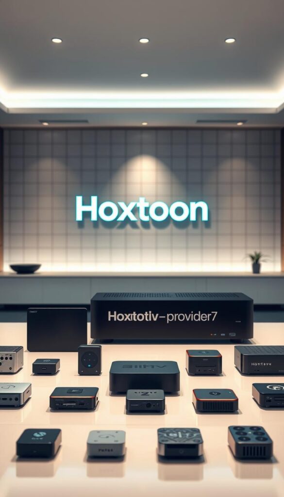 A sleek, minimalist comparison of IPTV providers, featuring the Hoxtoon Provider service prominently displayed. The scene is set in a stylish, modern office environment, with clean lines and a neutral color palette. In the foreground, various IPTV device icons are arranged neatly, showcasing their features and capabilities. The middle ground highlights the Hoxtoon Provider branding, presented in a bold, visually striking manner. In the background, a subtle grid-like pattern creates a sense of structure and organization, complementing the overall professional and informative tone. Soft, diffused lighting casts a warm, inviting glow, drawing the viewer's attention to the key elements of the comparison. The overall impression is one of a comprehensive, well-researched IPTV provider review, conveying authority and expertise.
