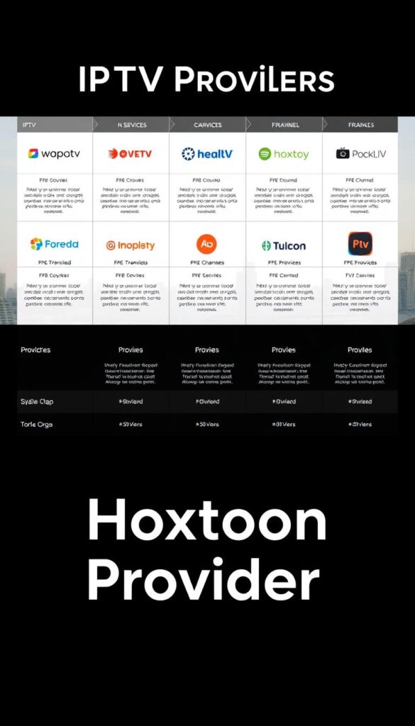 A sleek, minimalist comparison of IPTV providers, showcasing the Hoxtoon Provider brand prominently in the foreground. The layout features clean lines, sharp contrasts, and a sophisticated color palette of muted grays, blacks, and metallic accents. The midground depicts a grid of provider logos, each with concise information about their services, pricing, and channel offerings. The background has a subtle, out-of-focus cityscape, hinting at the global reach and connectivity of these IPTV solutions. Crisp, even lighting and a slightly elevated camera angle lend an air of professionalism and authority to the overall composition.