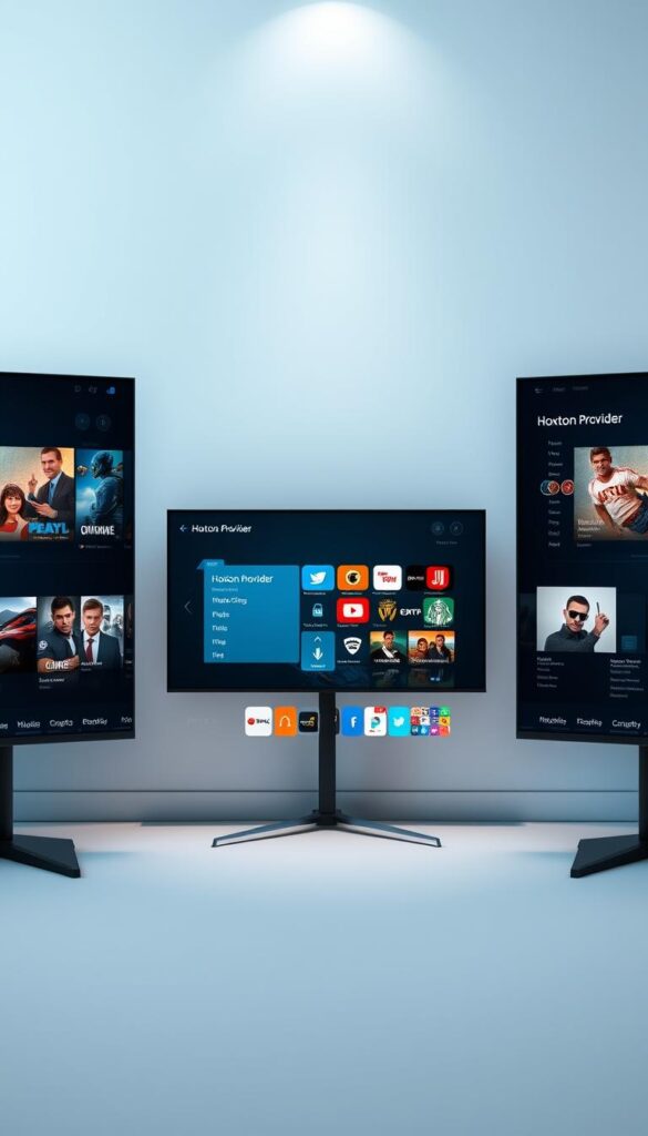 A sleek, minimalist comparison of IPTV service providers, showcasing the Hoxtoon Provider alongside its competitors. The scene features three adjacent display screens, each showcasing the unique user interface and content offerings of the respective IPTV services. The Hoxtoon Provider screen prominently displayed in the center, with its intuitive layout and diverse channel selection. Soft, directional lighting illuminates the screens, creating a professional, informative atmosphere. The background is a clean, neutral space, allowing the displays to be the focal point. The overall composition conveys a sense of objective, side-by-side evaluation of the IPTV options available to the viewer.