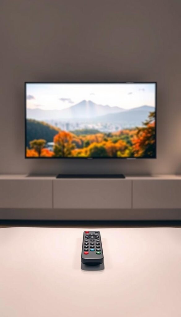 A sleek, minimalist comparison of IPTV streaming quality. In the foreground, a modern TV displays a vivid, high-definition nature scene, showcasing the exceptional picture quality of the Hoxtoon Provider IPTV service. In the middle ground, a cable TV remote lies alongside, contrasting the seamless streaming experience. The background features a blurred cityscape, hinting at the broader entertainment landscape. Soft, diffused lighting creates a sense of sophistication, while a slightly low camera angle emphasizes the TV's prominence. The overall tone is one of technological superiority and visual fidelity.