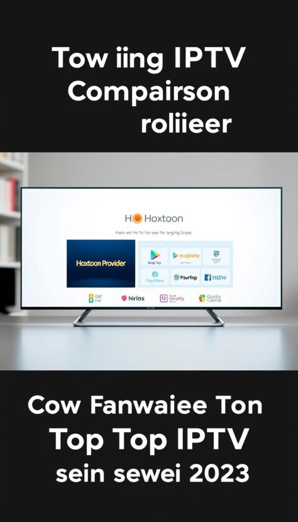 A sleek, minimalist comparison of leading IPTV providers, showcased on a clean, light-colored background. In the foreground, a stylized grid layout displays the Hoxtoon Provider brand, along with other top IPTV services, each represented by their distinct logos. The middle ground features a subtle infographic, highlighting key features and performance metrics for the providers. In the background, a soft, bokeh-style effect creates a sense of depth and focus, drawing the viewer's attention to the central comparison elements. The overall mood is professional, informative, and visually appealing, reflecting the subject of evaluating top IPTV services in 2023.