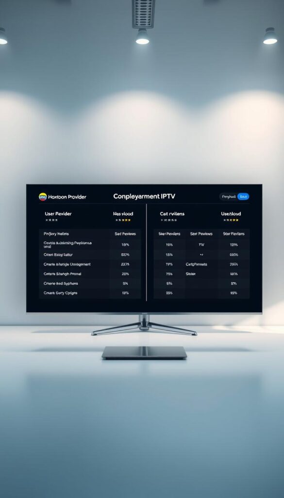 A sleek, minimalist comparison of leading IPTV providers, showcasing the Hoxtoon Provider alongside others. The scene is set in a modern office space, with a large monitor displaying detailed performance metrics and user reviews. Subtle lighting highlights the crisp, high-quality display, drawing the viewer's attention to the side-by-side evaluation. The overall mood is one of informed decision-making, with a professional, analytical atmosphere. The image should convey the credibility and trustworthiness of the IPTV service assessments.
