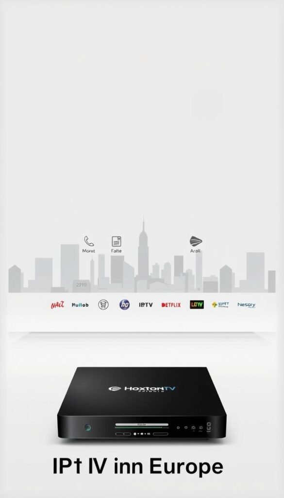 A sleek, minimalist comparison of popular Arabic IPTV services, featuring the Hoxtoon Provider brand prominently in the foreground. The image has a clean, sophisticated aesthetic, with crisp lines, subtle gradients, and a muted color palette. In the middle ground, neatly arranged icons and logos represent the key features and offerings of the competing IPTV services. The background showcases a stylized, abstract cityscape, hinting at the global reach and connectivity of these streaming platforms. The overall composition conveys a sense of authority, trust, and professionalism, suitable for an informative article on the best Arabic IPTV options in Europe.