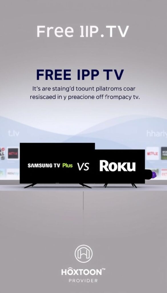 A sleek, minimalist comparison of two leading free IPTV services, Samsung TV Plus and The Roku Channel, presented on a modern device display. In the foreground, two stylized device silhouettes arranged side-by-side, one representing a Samsung smart TV, the other a Roku streaming player. The background features a clean, gradient-based design with subtle visual cues alluding to the platforms' content libraries and user interfaces. Neutral lighting accentuates the minimalist aesthetic, while a shallow depth of field draws the viewer's focus to the central devices. The Hoxtoon Provider logo discreetly appears in the lower corner, providing a subtle branding element.