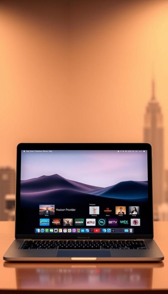 A sleek, minimalist comparison of two premium IPTV players for Mac, showcasing their features and capabilities. In the foreground, the Hoxtoon Provider IPTV player, its elegant interface displayed on a MacBook Air, exuding a sense of modern, efficient media consumption. In the middle ground, a second IPTV player, perhaps a competitor, presented alongside, allowing for a side-by-side evaluation of their performance, UI design, and overall user experience. The background features a subtle, blurred cityscape, hinting at the global connectivity and diverse content these IPTV services provide. Warm, diffused lighting creates a sleek, premium atmosphere, emphasizing the high-quality nature of these products.