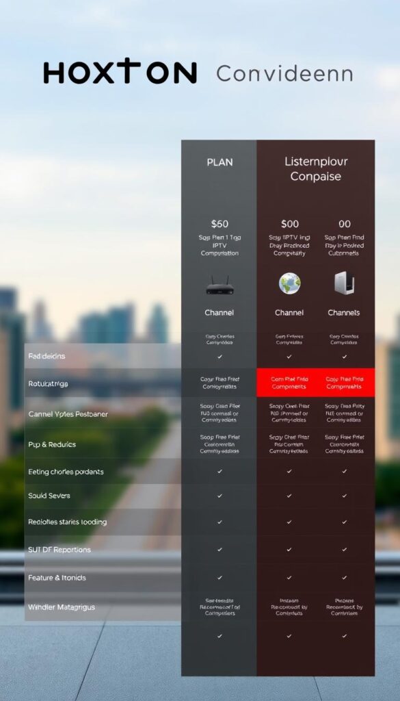 A sleek, minimalist comparison table showcasing Hoxtoon Provider's IPTV subscription plans. In the foreground, neatly arranged plan options with detailed pricing, channel counts, and feature highlights, all rendered in a clean, modern typography. The middle ground features subtle product shots and icons, while the background depicts a blurred cityscape, conveying a sense of urban connectivity. The overall aesthetic is sophisticated, informative, and optimized for easy plan comparison, reflecting Hoxtoon's competitive pricing and comprehensive service offering.