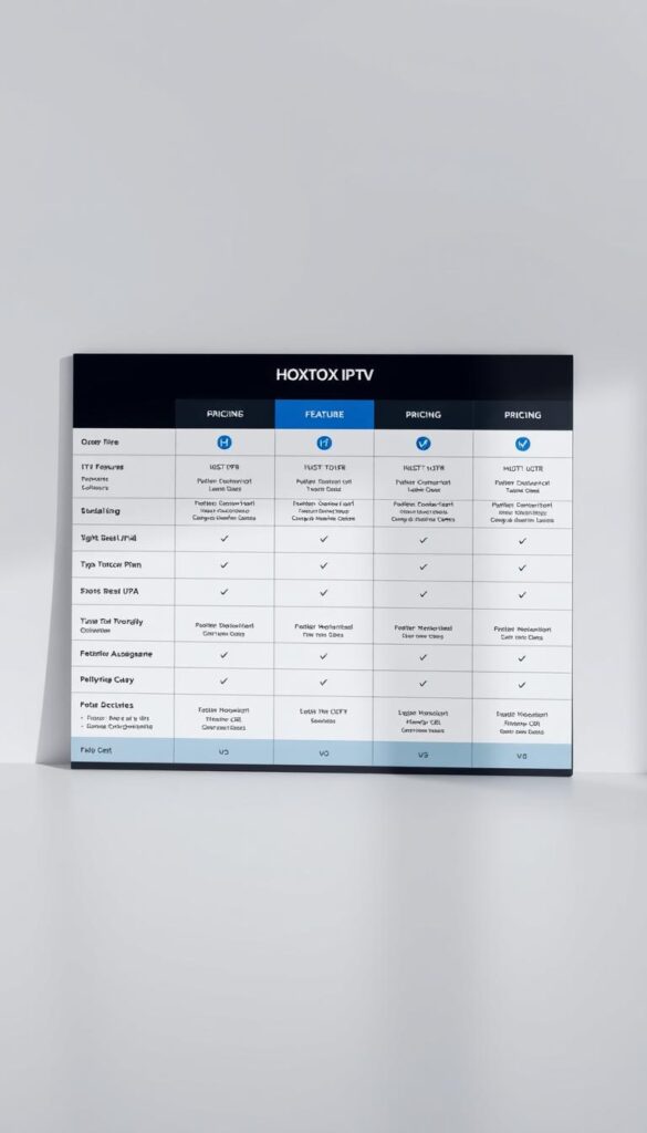 A sleek, minimalist comparison table showcasing the pricing plans of the Hoxtoon IPTV provider. The table is set against a muted, gradient background, creating a clean and professional look. The plans are presented in a clear, organized manner, with distinct columns highlighting the key features and pricing options. The layout is balanced, with subtle gridlines and icons enhancing the overall presentation. The table is lit from the side, casting gentle shadows and adding depth and dimension to the image. The resulting scene conveys a sense of reliability and transparency, inviting the viewer to explore the IPTV options without distractions.