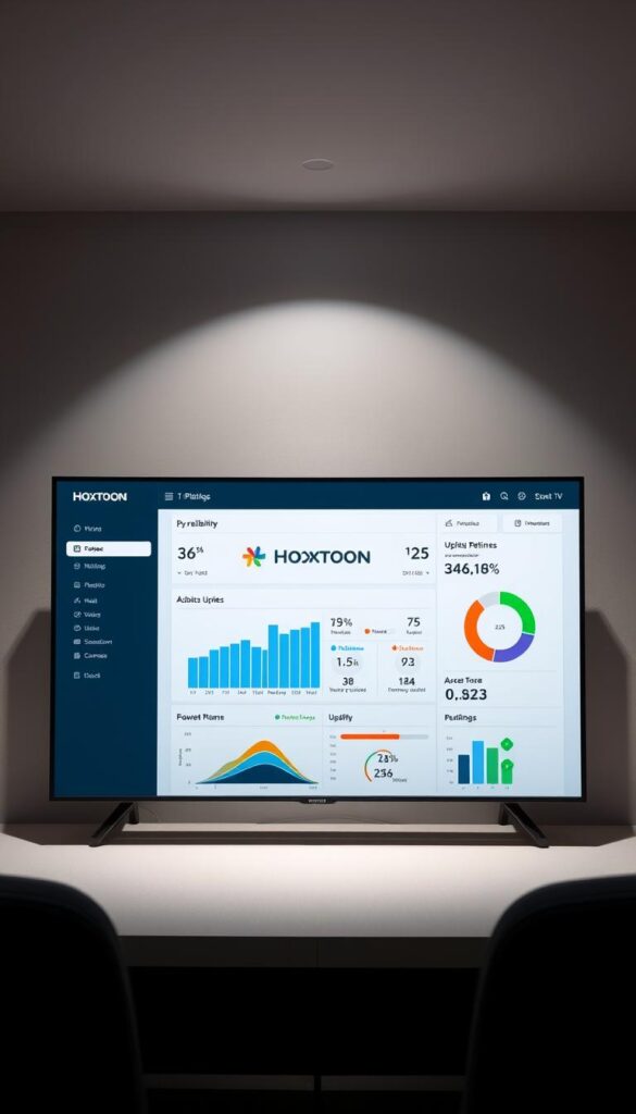 A sleek, minimalist dashboard displaying key performance metrics for the Hoxtoon Provider IPTV service. The foreground showcases a clean interface with bold, readable charts and graphs conveying reliability, uptime, and customer satisfaction statistics. The middle ground features a large Hoxtoon logo, prominently placed to highlight the brand. The background is a subdued, neutral tone that allows the data visualization to take center stage. Soft, directional lighting casts a professional, authoritative atmosphere. The overall composition suggests a sophisticated, enterprise-grade IPTV platform backed by robust infrastructure and a commitment to quality.