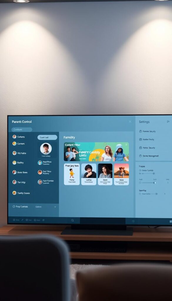 A sleek, minimalist dashboard interface showcasing the parental control features of the Hoxtoon IPTV provider. In the foreground, a series of customizable user profiles with age-appropriate content filters and time limits. The middle ground features a large content preview screen, displaying family-friendly programming options. In the background, a clean grid layout of additional settings and preferences, including network security, device management, and spending controls. Soft, diffused lighting illuminates the scene, creating a sense of trust and tranquility. The overall composition conveys a user-friendly, intuitive experience for families to manage their IPTV experience.