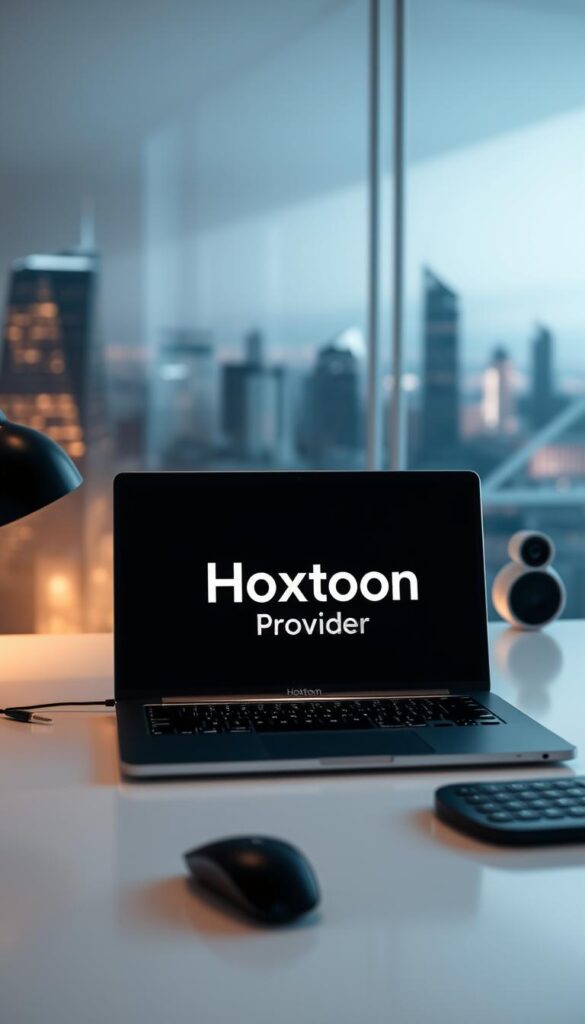 A sleek, minimalist desktop setup showcasing a laptop prominently displaying the "Hoxtoon Provider" logo, surrounded by a clean, modern workspace. The laptop is the focal point, with a subtle glow and crisp, high-resolution display. The background features a blurred, out-of-focus cityscape, conveying a sense of urban sophistication. Soft, directional lighting illuminates the scene, creating depth and emphasizing the laptop's elegant design. The overall atmosphere is one of professionalism, technology, and the convenience of buying IPTV online through the Hoxtoon platform.