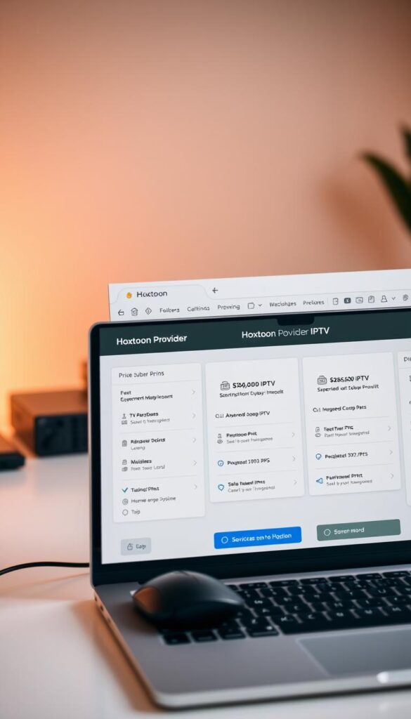 A sleek, minimalist desktop setup showcasing the Hoxtoon Provider IPTV subscription plans. The foreground features a laptop or desktop computer displaying the Hoxtoon website, with clean, well-organized pricing information for various IPTV packages. The middle ground includes modern, high-quality peripherals like a wireless mouse and keyboard, creating a professional, productive atmosphere. The background subtly suggests a home or office environment, with warm lighting and a simple, uncluttered design aesthetic to reinforce the value and affordability of the Hoxtoon IPTV service.