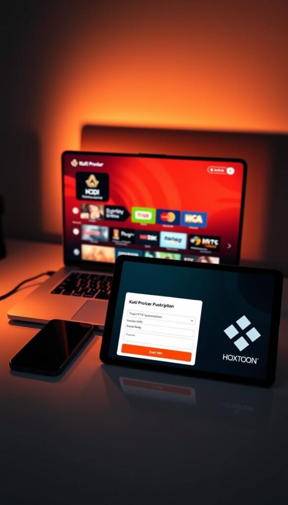 A sleek, minimalist desktop setup with a laptop, smartphone, and a tablet displaying the Hoxtoon Provider logo. Soft, directional lighting creates a warm, inviting atmosphere. On the laptop screen, a Kodi interface showcases various IPTV channels and services, emphasizing the ease of integration. The tablet displays a simple, user-friendly IPTV subscription purchase flow, guiding the user through the process. The overall scene conveys the seamless experience of obtaining an IPTV subscription for Kodi through the Hoxtoon Provider.