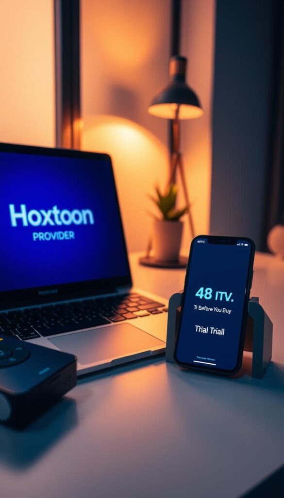 A sleek, minimalist desktop setup with a laptop, smartphone, and remote control prominently displayed. The scene is bathed in a soft, warm lighting, creating a cozy and inviting atmosphere. In the foreground, a laptop screen displays the "Hoxtoon Provider" brand logo, hinting at the IPTV service being showcased. The middle ground features a smartphone with a 48-hour trial offer highlighted on the screen, emphasizing the "Try Before You Buy" concept. The background includes subtle visual cues, such as a potted plant and a stylish desk lamp, adding to the overall aesthetics. The composition is balanced and visually appealing, drawing the viewer's attention to the key elements.