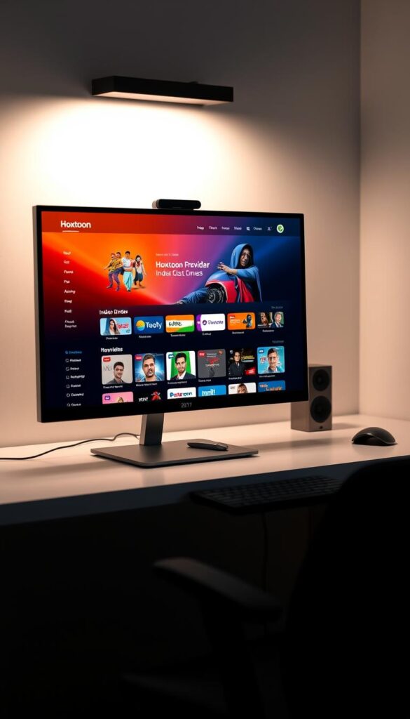 A sleek, minimalist desktop setup with a large, high-resolution monitor displaying the Hoxtoon Provider website, showcasing their Indian channel lineup and user interface. The screen is positioned on a clean, uncluttered workspace, with a subtle lighting setup that creates a warm, professional atmosphere. The overall scene conveys a sense of reliability, accessibility, and the seamless integration of technology into the user's daily life, highlighting Hoxtoon Provider as the premier choice for accessing Indian channels.