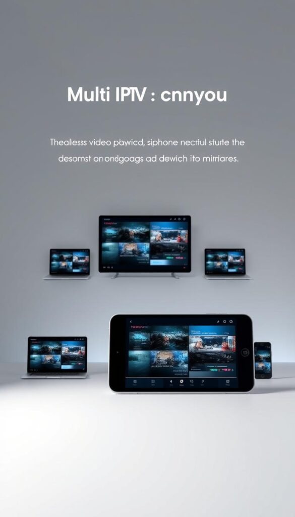 A sleek, minimalist digital device display showcasing the multi-device support capabilities of the Hoxtoon Provider IPTV service. The foreground features a stylized tablet or smartphone screen displaying a seamless video playback interface, with a clean and modern user interface design. The middle ground depicts several additional devices - laptops, tablets, and smartphones - simultaneously mirroring the content on the central screen, illustrating the simultaneous multi-device functionality. The background is a subdued, gradient-based color scheme, creating a sense of depth and emphasis on the central device display. The lighting is soft and diffused, giving the scene a premium, high-tech aesthetic. The overall mood is one of sophistication, connectivity, and the convenience of on-demand IPTV content across a range of devices.