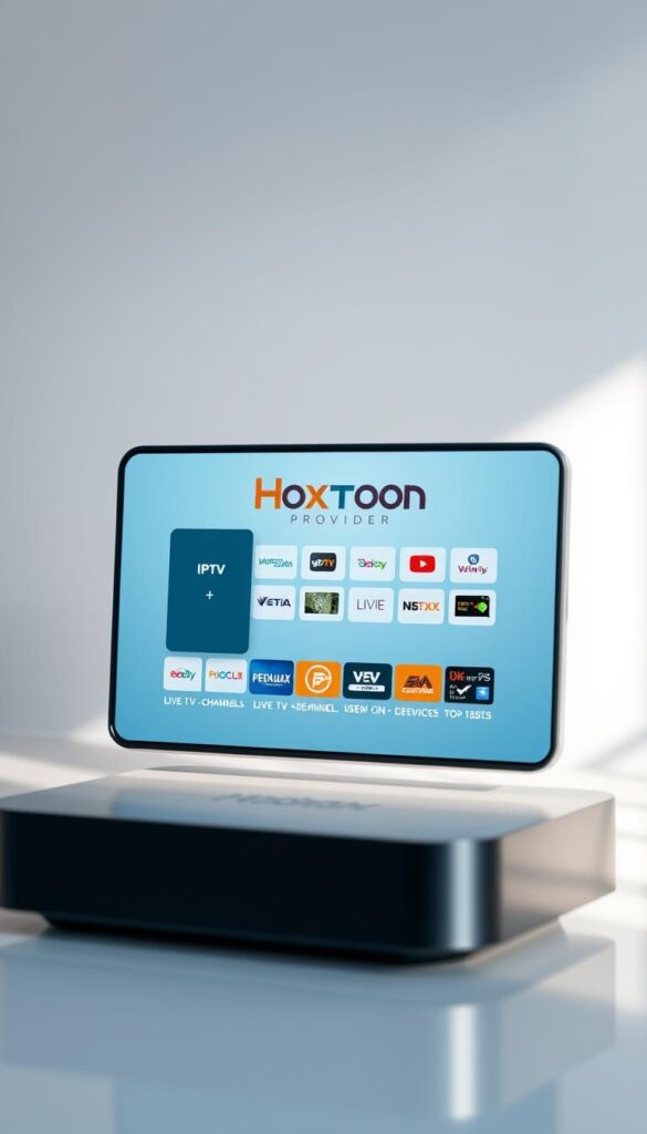 A sleek, minimalist digital device displaying the Hoxtoon Provider brand, showcasing a comprehensive IPTV lifetime package. The screen presents a visually striking interface with a clean layout, highlighting a wide selection of live TV channels, on-demand content, and multi-device compatibility. The device is set against a softly blurred background, creating a sense of focus and elegance. Subtle lighting accentuates the device's premium design, conveying a premium, high-quality offering for the modern, tech-savvy consumer.