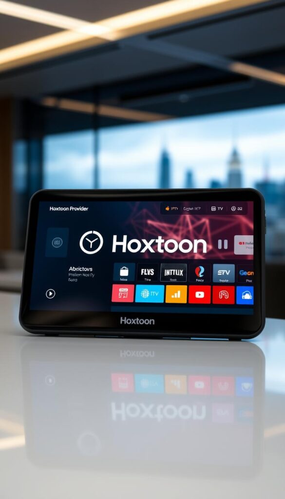 A sleek, minimalist digital device displaying the Hoxtoon Provider brand, showcasing a lifetime subscription IPTV service. The screen depicts a visually striking user interface with intuitive navigation and a clean, modern aesthetic. Subtle lighting highlights the device's premium build quality, creating a sense of sophistication and reliability. The background features a blurred cityscape, hinting at the global connectivity and accessibility of the IPTV service. The overall composition conveys the advantages of a lifetime IPTV app - convenience, longevity, and a seamless, high-quality viewing experience.