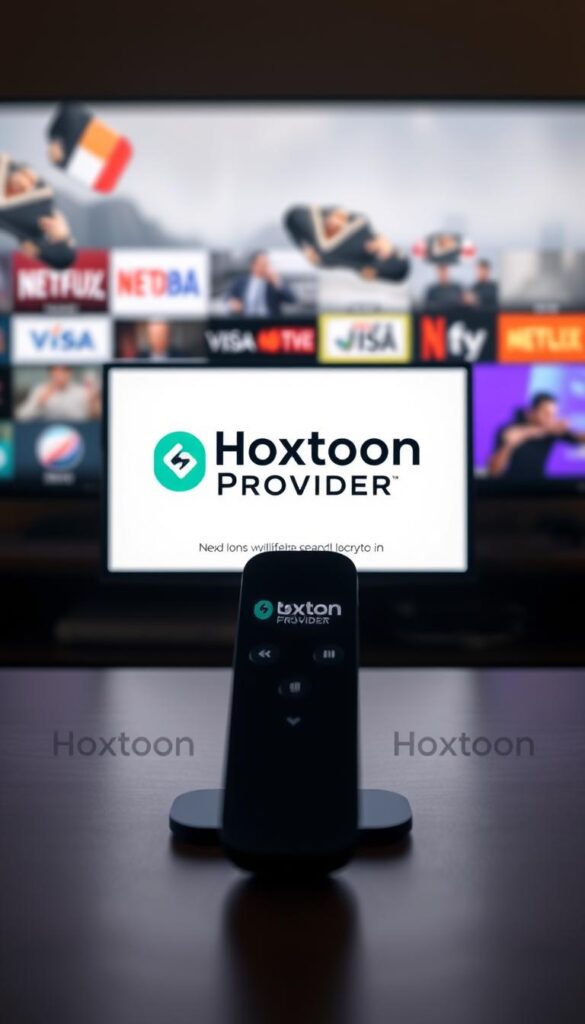 A sleek, minimalist digital device displaying the Hoxtoon Provider brand, showcasing a lifetime subscription IPTV service against a blurred background of traditional streaming platforms. The device is illuminated by soft, warm lighting, creating a sense of premium quality and reliability. The composition emphasizes the simplicity and convenience of the lifetime IPTV service, contrasting it with the clutter and complexity of traditional streaming options. The overall tone is one of modern, sophisticated technology that offers a seamless, hassle-free streaming experience.