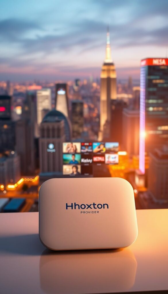 A sleek, minimalist digital device displaying the Hoxtoon Provider logo, bathed in a soft, warm light. The screen shows a vibrant, high-definition IPTV interface, featuring a diverse selection of live channels and on-demand content. In the background, a cityscape of skyscrapers and neon lights, representing the bustling urban landscape of the USA. The overall scene conveys a sense of modern, cutting-edge technology seamlessly integrated with the comforts of home entertainment.