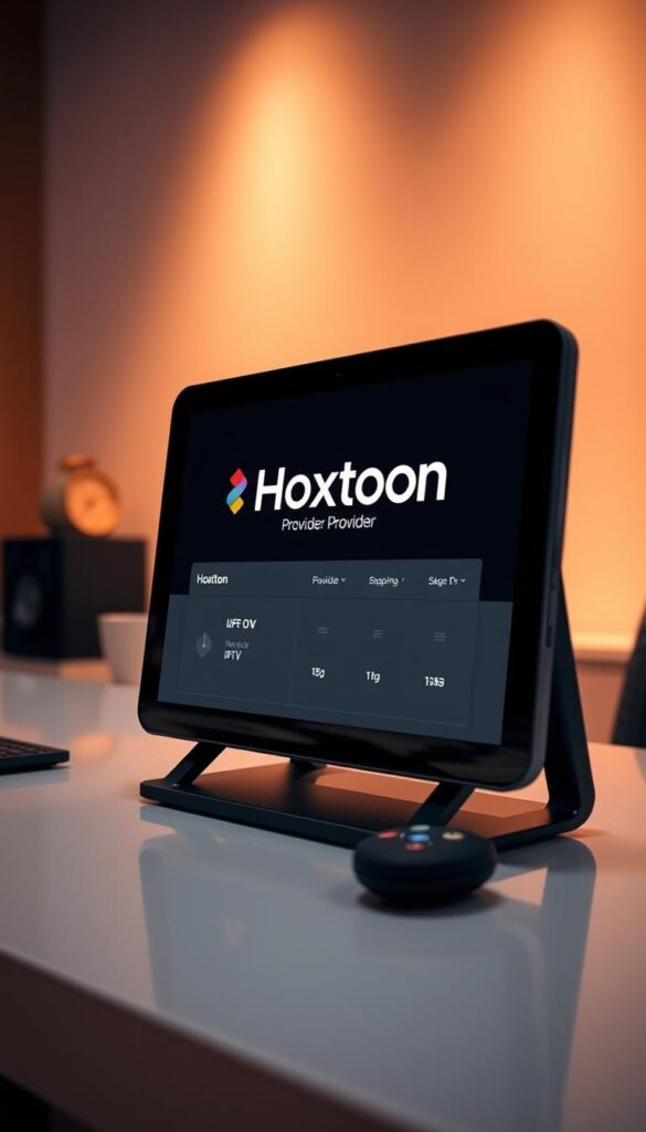 A sleek, minimalist digital device displaying the Hoxtoon Provider logo, situated on a modern, well-lit desk. The device's screen showcases a lifetime subscription plan, conveying a sense of permanence and value. The background features a clean, minimalist design, accentuating the device's prominence. Warm, diffused lighting illuminates the scene, creating a professional and inviting atmosphere. The overall composition emphasizes the simplicity and accessibility of the Hoxtoon lifetime IPTV subscription, making it an appealing and straightforward offering.