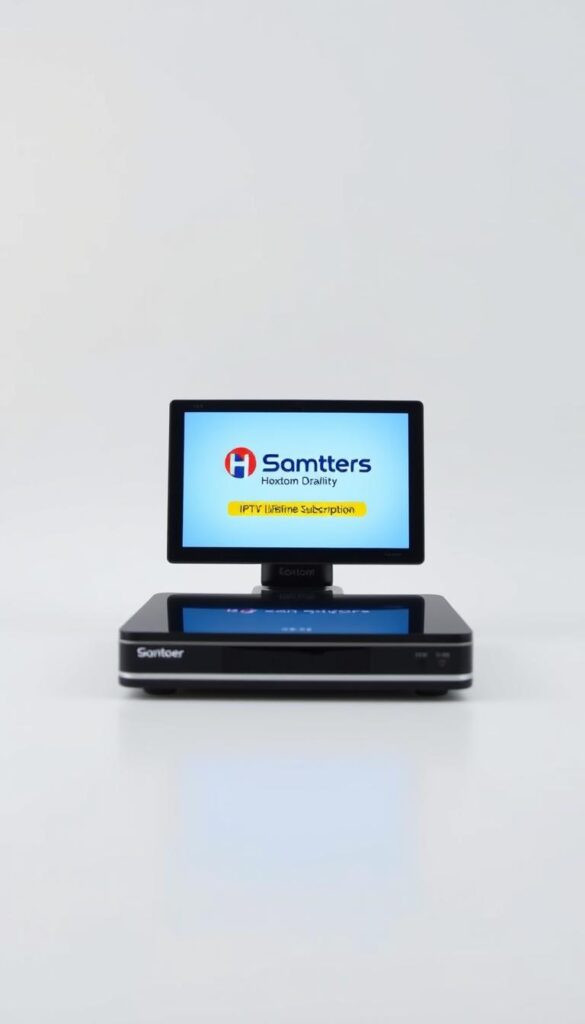 A sleek, minimalist digital device displaying the "IPTV Smarters Lifetime Subscription" interface, set against a clean, white background. The screen showcases the Hoxtoon Provider brand name, conveying a sense of premium quality and reliable IPTV service. The device is captured from a slightly elevated angle, with soft, diffused lighting creating a subtle sense of depth and focus on the central display. The overall composition and styling evoke a modern, sophisticated, and trustworthy IPTV solution.