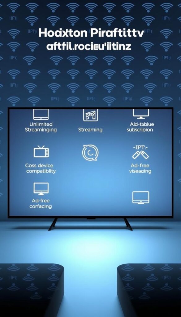 A sleek, minimalist digital display showcases the benefits of a Hoxtoon Provider IPTV lifetime subscription. In the foreground, elegant icons and infographics highlight key features like unlimited streaming, cross-device compatibility, and ad-free viewing. The middle ground features a smooth, gradient background, adding depth and a premium feel. In the background, a subtle pattern of wi-fi symbols and streaming bars creates a techno-futuristic atmosphere, emphasizing the digital nature of the IPTV service. The overall composition is crisp, well-balanced, and designed to convey the value and convenience of a Hoxtoon Provider IPTV lifetime subscription.