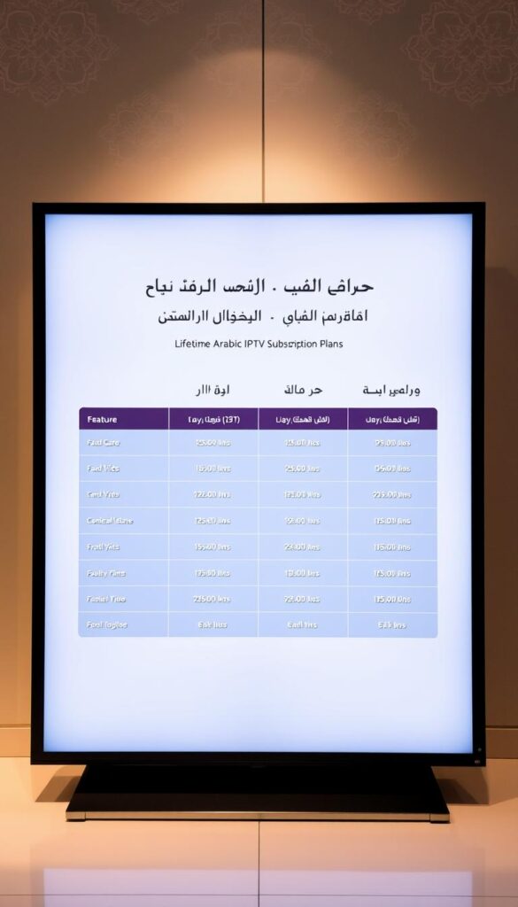 A sleek, minimalist digital display showcasing Hoxtoon Provider's lifetime Arabic IPTV subscription plans. The screen presents a clean, grid-like layout with distinct pricing tiers and feature breakdowns, bathed in a soft, warm lighting that enhances the premium feel. In the background, a subtle pattern of Arabic calligraphy or geometric shapes adds a touch of cultural flair, while the overall composition conveys a sense of reliability, value, and professionalism. The focus is on clearly communicating the subscription options in an elegant, easy-to-understand manner.