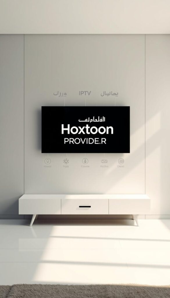 A sleek, minimalist digital display showcasing the Hoxtoon Provider logo, surrounded by various IPTV service icons and visual elements hinting at the diverse content available. The display is set against a clean, muted background with subtle Middle Eastern-inspired patterns, evoking a sense of sophistication and professionalism in the Arabic IPTV industry. The composition is balanced, with the Hoxtoon Provider branding taking center stage, and the supporting details complementing the overall aesthetic. Soft, directional lighting from the top-left casts gentle shadows, adding depth and dimension to the scene.