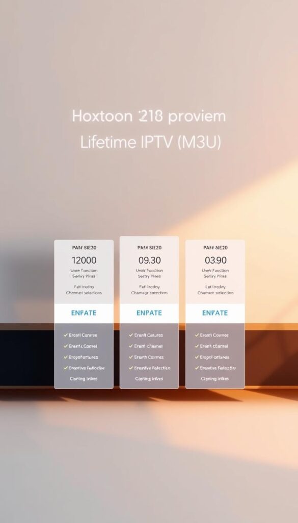 A sleek, minimalist digital display showcasing the Hoxtoon Provider's lifetime IPTV M3U subscription plans. The foreground features three distinct plan tiers, each with a clean, modern design and clear pricing details. The middle ground depicts elegant icons representing the diverse channel selections and streaming features included in each plan. The background is a soft, muted gradient, creating a visually appealing and professional-looking composition. The overall scene is illuminated by warm, directional lighting, capturing the premium quality and reliability of the Hoxtoon Provider's IPTV service.