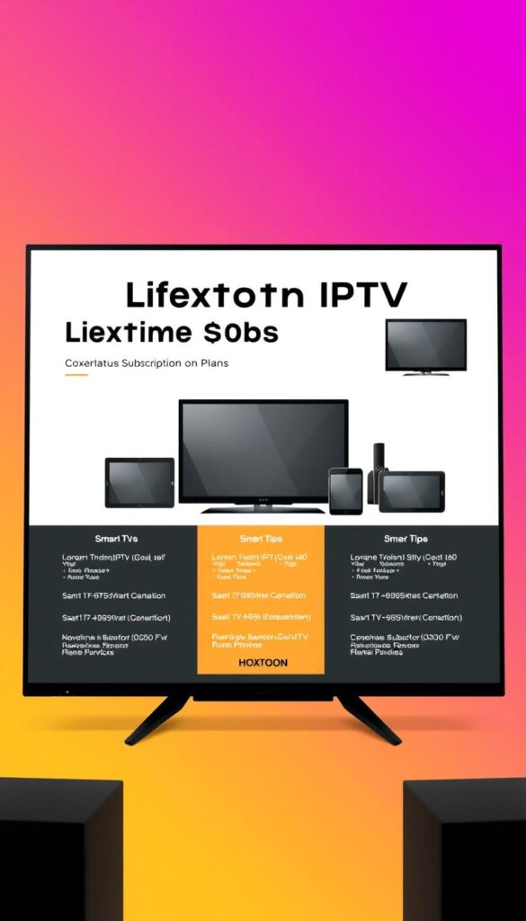 A sleek, minimalist digital display showcasing the lifetime subscription plans offered by the Hoxtoon IPTV provider. The foreground features a clean, monochrome layout with bold typography highlighting the different pricing tiers and their corresponding features. The middle ground depicts a selection of modern digital devices, such as smart TVs, tablets, and smartphones, seamlessly integrated into the scene. The background maintains a subtle, slightly blurred gradient in complementary hues, creating a sense of depth and professionalism. The overall composition conveys a sense of value, reliability, and ease of use for the Hoxtoon IPTV lifetime subscription service.
