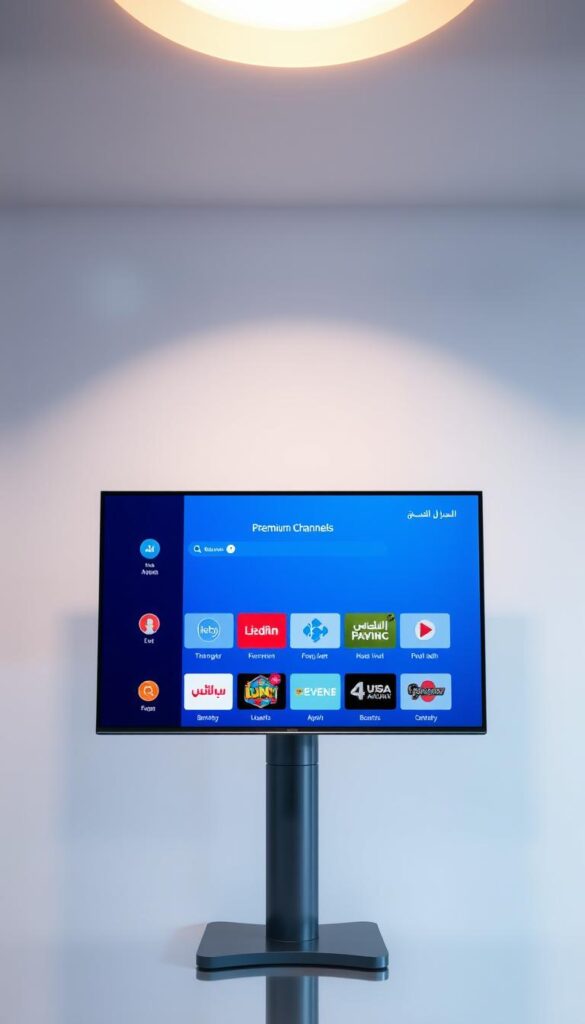 A sleek, minimalist digital display showcasing the premium Arabic channels from the "Hoxtoon Provider" service. The screen presents a clean, vibrant interface with bold icons and a sophisticated color palette of blues and grays. The display is set against a softly blurred background, creating a sense of depth and emphasizing the focal point. Subtle lighting from above casts a warm, inviting glow, conveying a premium, high-quality feel. The composition is balanced and visually appealing, capturing the essence of lifetime free access to a curated selection of top-tier Arabic entertainment options.