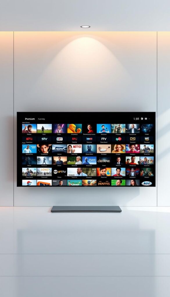 A sleek, minimalist digital display showcasing the premium IPTV channels offered by Hoxtoon Provider. The screen exhibits a clean, sophisticated layout with crisp, high-definition video thumbnails arranged in a grid pattern, representing the extensive 21,000+ channel library. The background features a subtle, elegant gradient, creating a sense of depth and professionalism. Subtle lighting from above casts a warm, inviting glow across the display, highlighting the sharpness and vibrancy of the content. The overall composition conveys a premium, cutting-edge IPTV service with unparalleled content depth and quality.