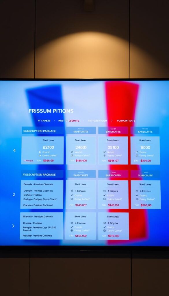 A sleek, minimalist digital display showcasing the subscription options for the Hoxtoon Provider IPTV service in France. The interface features a clean, modern layout with sharp typography and vibrant color accents. In the foreground, various packages are presented, each with a clear breakdown of channels, pricing, and key features. The middle ground depicts a blurred background of the French flag, subtly alluding to the focus on French and international content. Soft, directional lighting casts a warm, inviting glow, creating a premium, high-quality feel. The overall atmosphere conveys a sense of professionalism, reliability, and the benefits of accessing a diverse range of French programming through the Hoxtoon Provider IPTV platform.