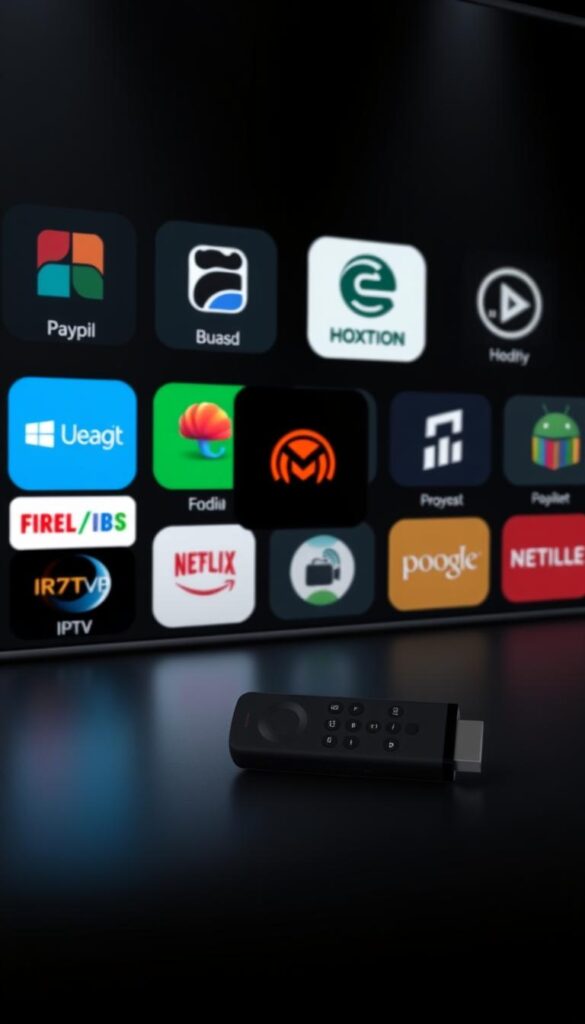 A sleek, minimalist digital interface showcasing a selection of popular IPTV apps, including the Hoxtoon Provider app, optimized for a Firestick device. The apps are neatly arranged against a stylish, dark background, with clean icons and intuitive navigation. Subtle lighting creates depth and draws the eye to the central focus. The overall impression is one of modern, streamlined technology, hinting at the power and convenience of these IPTV solutions for the Firestick platform in 2023.